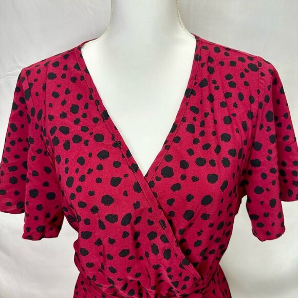 Dark Red Polka Dot Pleated Faux Wrap Dress Size L - Picture 4 of 13
